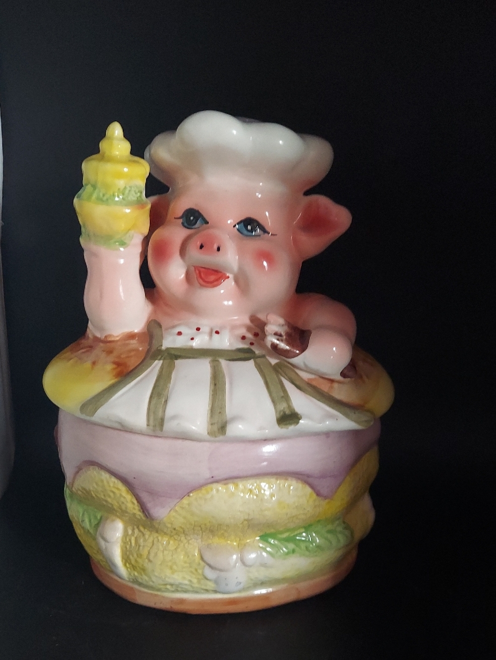 Vintage Pink Chef Pig Ceramic Cookie Jar with Yellow and Green Accents
